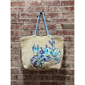 Vera Bradley Blue Floral Crab Woven Straw Tote Bag Large Tan